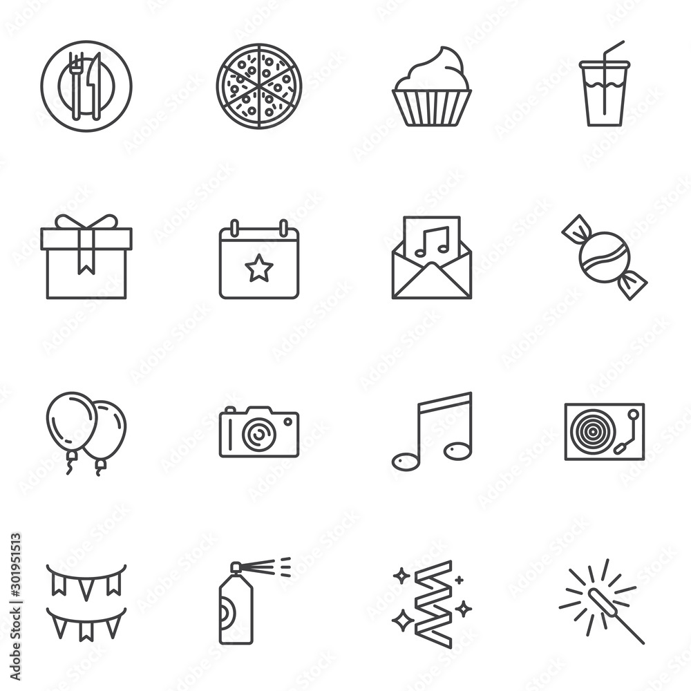 Party line icons set. linear style symbols collection, outline signs pack. vector graphics. Set includes icons as air balloons, gift box, invitation card, flags, pizza, drink cup, photo camera, music Party line icons set. linear style symbols collection, outline signs pack. vector graphics. Set includes icons as air balloons, gift box, invitation card, flags, pizza, drink cup, photo camera, music