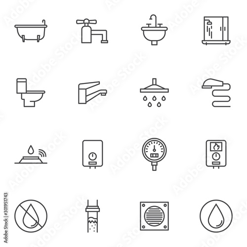 Plumbing line icons set. linear style symbols collection, outline signs pack. vector graphics. Set includes icons as water tap, shower, gauge pressure meter, heater, toilet, bathtub, sink, sewer pipe