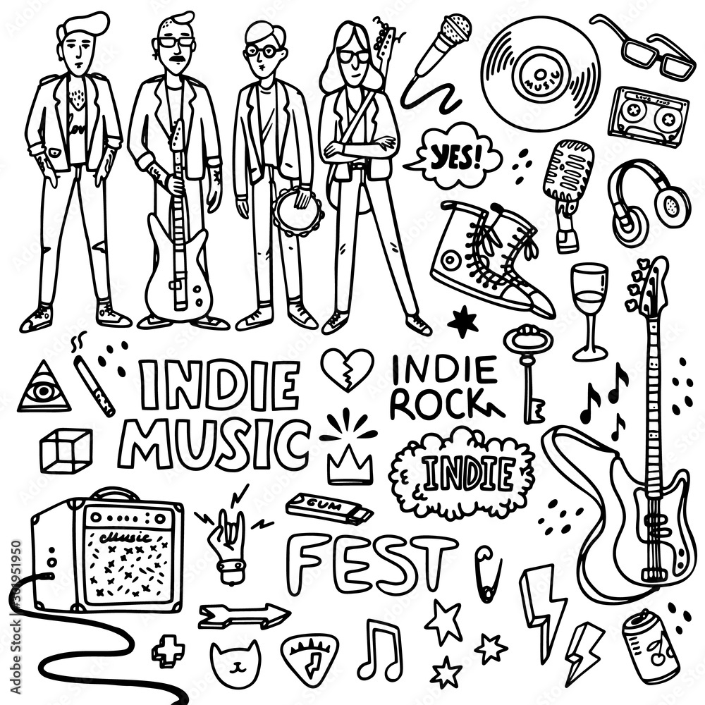 Indie Rock Music Set Black And White Illustration Of Musicians And indie-rock-music-set-black-and-white-illustration-of-musicians-and