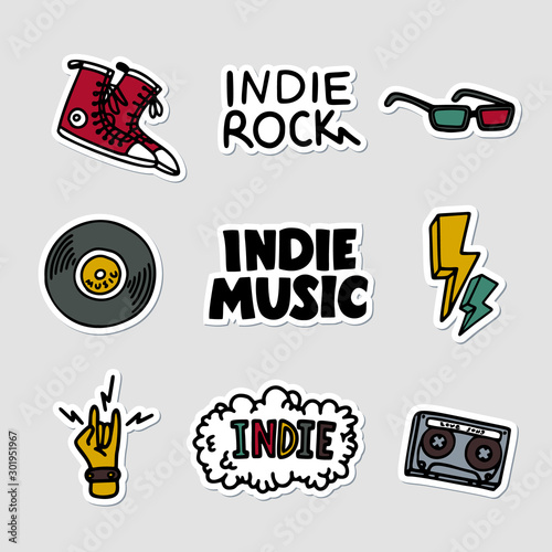 Indie rock music sticker set. Illustration of music related objects and inscriptions. Template for t-shirt print, pin, badge, patch. Vector.