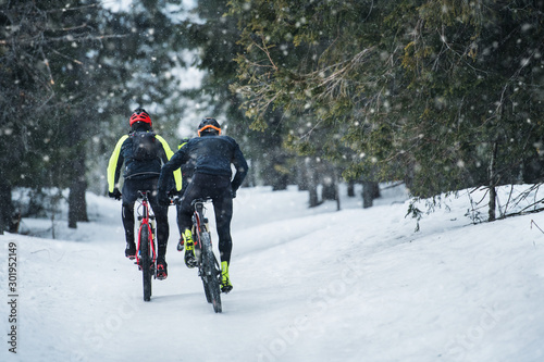Rear view of mountain bikers riding on road in forest outdoors in winter.