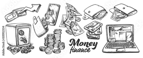 Money Finance Collection Monochrome Set Vector. Wallet With Money Cash And Coins, Safe And Blockchain, Laptop And Mobile. Engraving Template Hand Drawn In Vintage Style Black And White Illustrations
