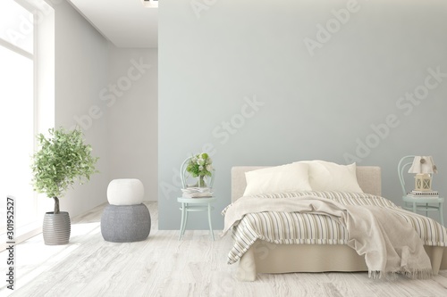 Stylish bedroom in white color. Scandinavian interior design. 3D illustration