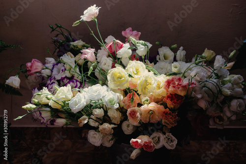 A bouquet with many flowers after a wedding