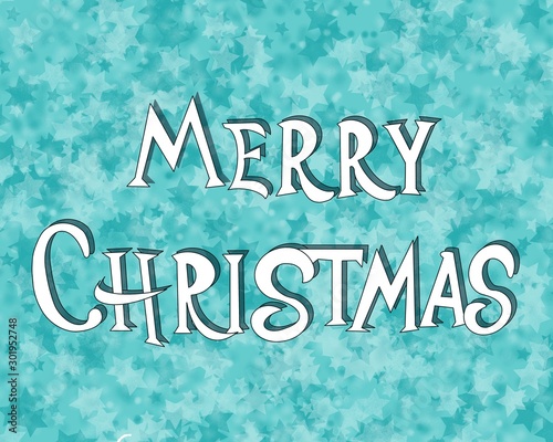 Illustration in the form of a white lettering Merry Christmas on a background of the color of the sea wave with a texture of stars.  Application in printed materials and more.