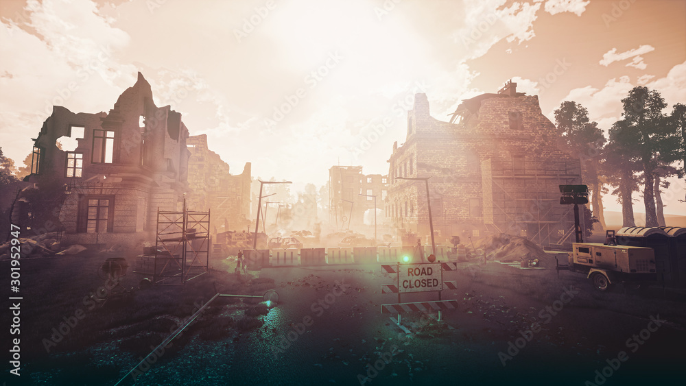 Ruins of a city. Apocalyptic landscape post apocalypse 3d render - obrazy, fototapety, plakaty 