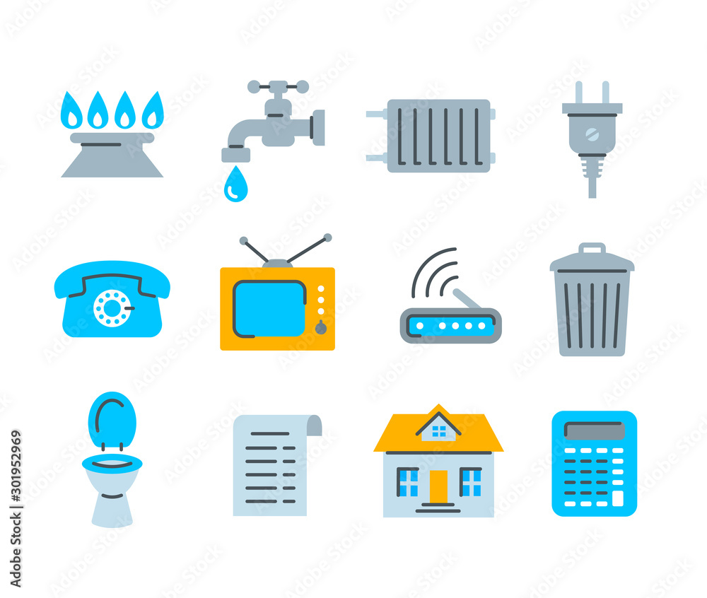 Vecteur Stock Household services utility bill icons. Vector flat symbols of  regular payments such as gas, water, electric energy, heating, telephone, cable  TV, Internet, garbage, sewage. Simple color pictograms | Adobe Stock