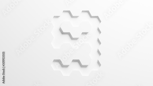 three dimensional computer generated illustration of asbtract white honeycomb hexagon number nine,3D rendering