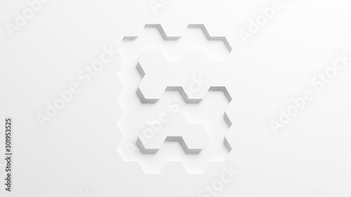three dimensional computer generated illustration of asbtract white honeycomb hexagon number six,3D rendering