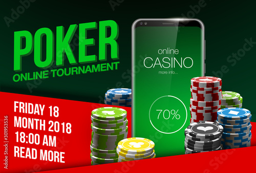 illustration Online Poker casino banner with a mobile phone, chips and dice. Marketing Luxury Banner Jackpot Online Casino with New model Smartphone. advertising poster flat paper cloud for text