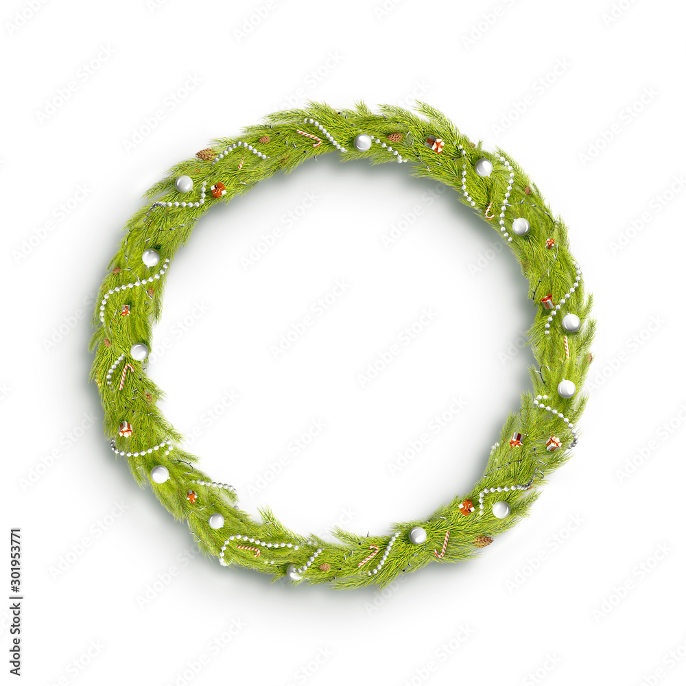 Fototapeta premium Decorative christmas round wreath mock up isolated