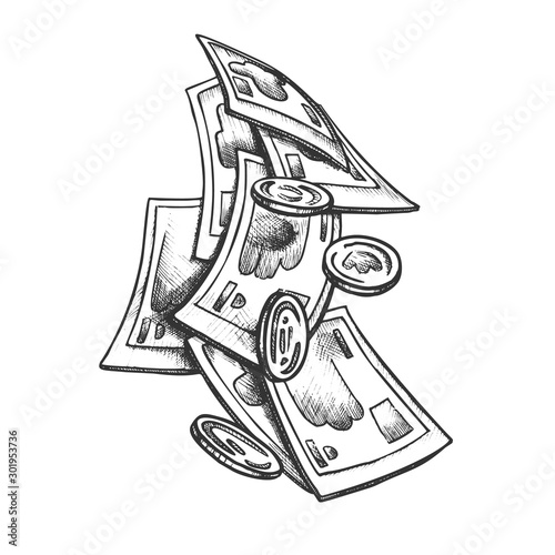 Money Banknotes And Coin Pounds Monochrome Vector. Money Cash Pile For Payment, Shopping And Buying. Financial Capital Engraving Template Hand Drawn In Vintage Style Black And White Illustration