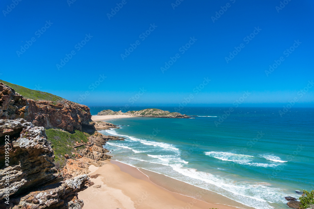 Summer beach nature background with ocean, sand shore. Beach holiday landscape