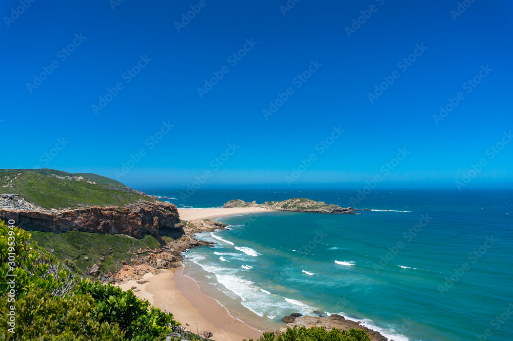 Fototapeta premium Summer beach nature background with ocean, sand shore. Beach holiday landscape
