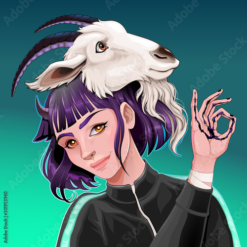 Beautiful girl with a goat on her head