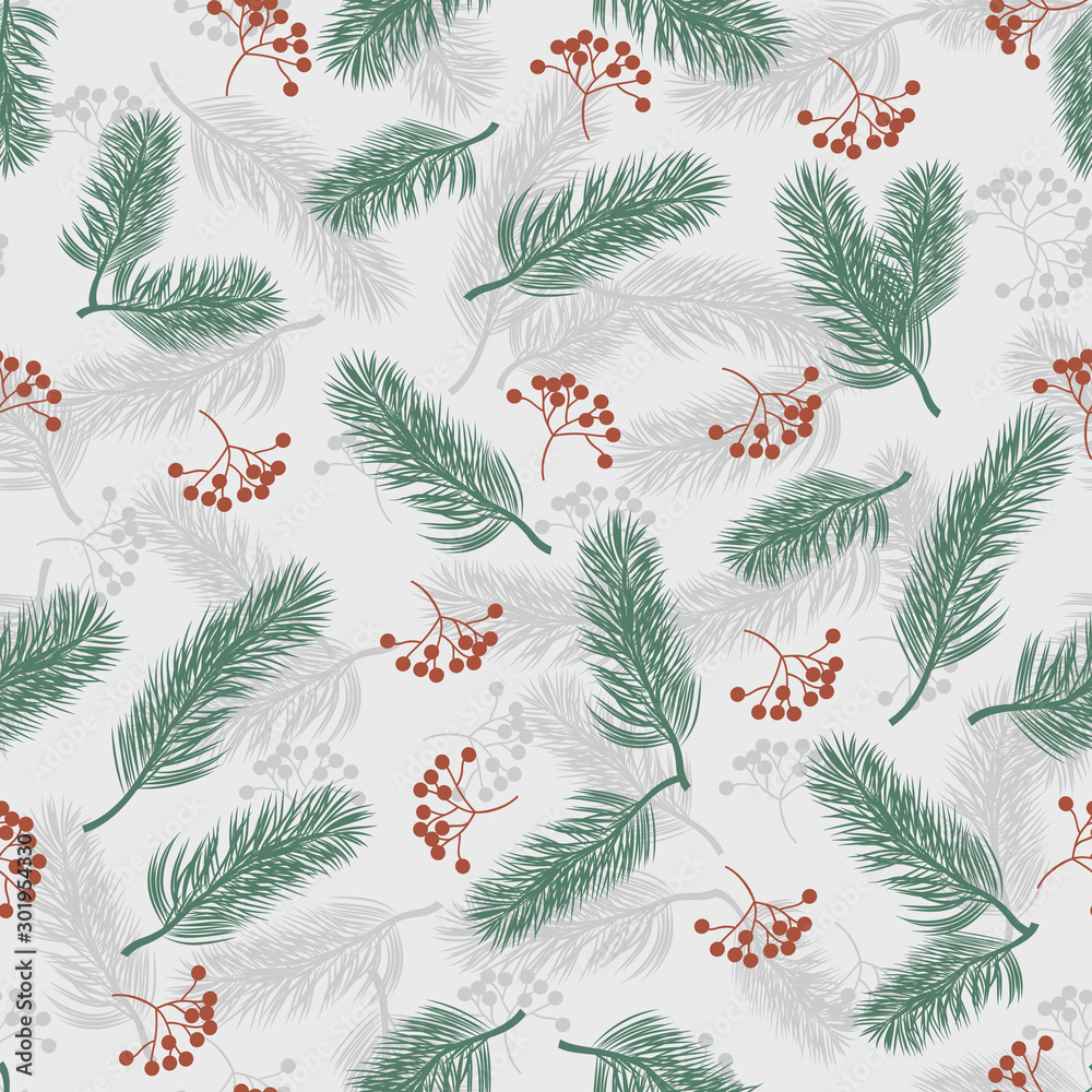 Seamless pattern with rowan berries and fir branches. Vector illustration on gray background Seamless pattern with rowan berries and fir branches. Vector illustration on gray background