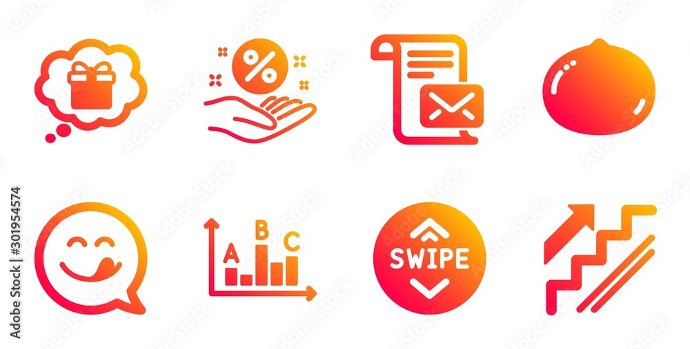 Macadamia nut, Survey results and Gift dream line icons set. Swipe up, Loan percent and Mail letter signs. Yummy smile, Stairs symbols. Vegetarian food, Best answer. Business set. Vector