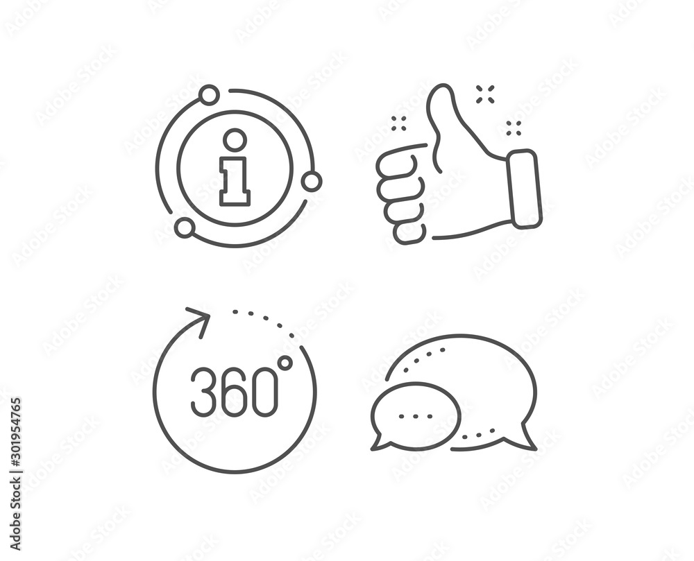 360 degrees line icon. Chat bubble, info sign elements. Panoramic view sign. VR technology simulation symbol. Linear 360 degrees outline icon. Information bubble. Vector