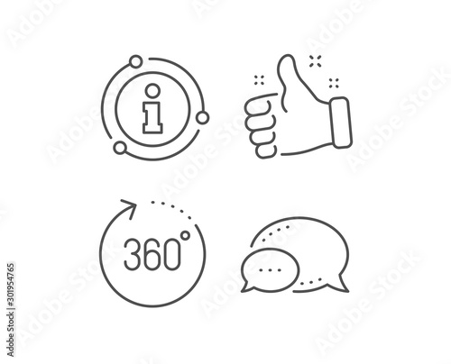 360 degrees line icon. Chat bubble, info sign elements. Panoramic view sign. VR technology simulation symbol. Linear 360 degrees outline icon. Information bubble. Vector