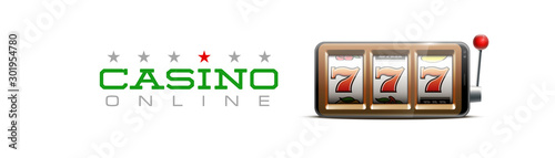 Illustration banner of mobile online casino application with 777 big win slot machine. Realistic advertising poster with online mobile app casino and Jackpot 777. Play now in One Armed Bandit banner