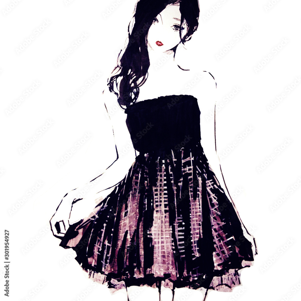 ファッションイラスト ブラックドレスの女性 Stock Illustration Adobe Stock