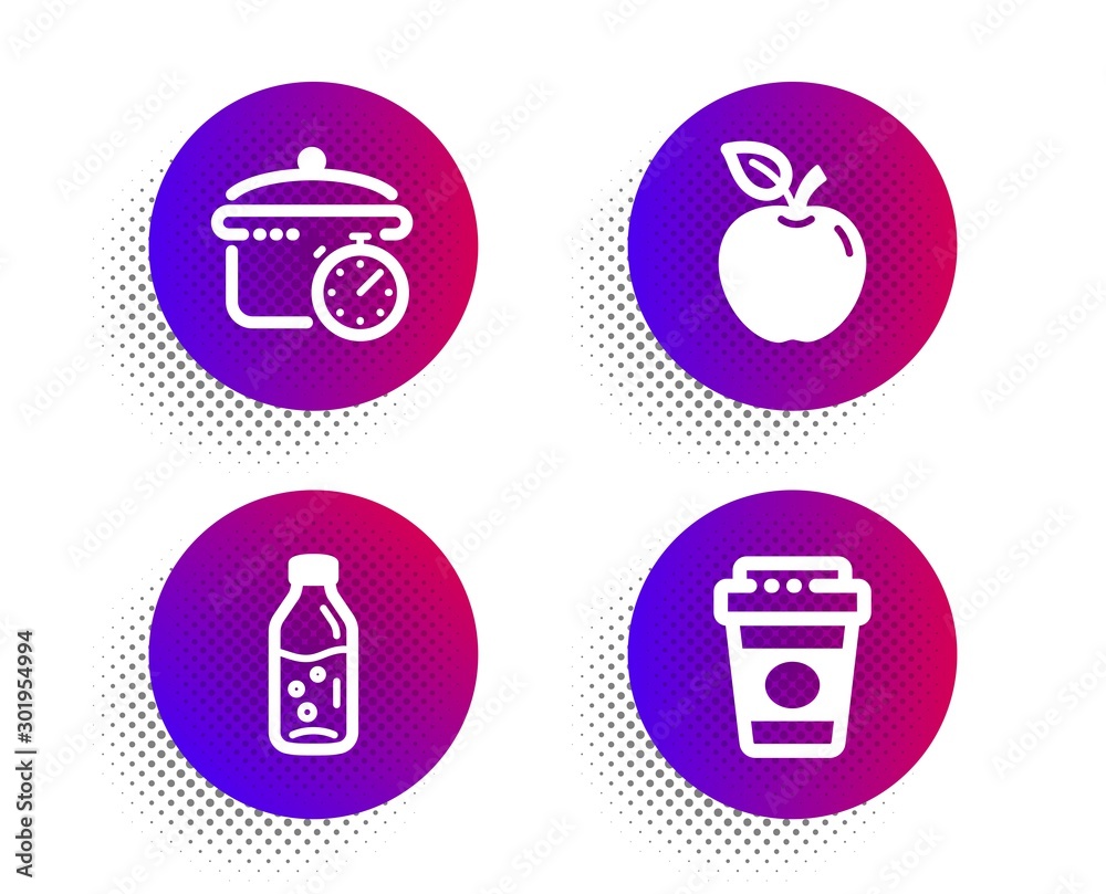 Boiling pan, Water bottle and Apple icons simple set. Halftone dots button. Takeaway coffee sign. Cooking timer, Soda drink, Fruit. Latte drink. Food and drink set. Vector Boiling pan, Water bottle and Apple icons simple set. Halftone dots button. Takeaway coffee sign. Cooking timer, Soda drink, Fruit. Latte drink. Food and drink set. Vector