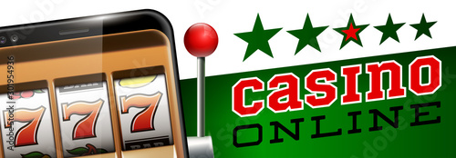 Illustration banner of mobile online casino application with 777 big win slot machine. Realistic advertising poster with online mobile app casino and Jackpot 777. Play now in One Armed Bandit banner