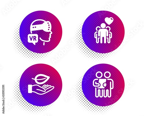 Friendship, Leaf and Augmented reality icons simple set. Halftone dots button. Survey sign. Trust friends, Plant care, Virtual reality. Contract. People set. Classic flat friendship icon. Vector