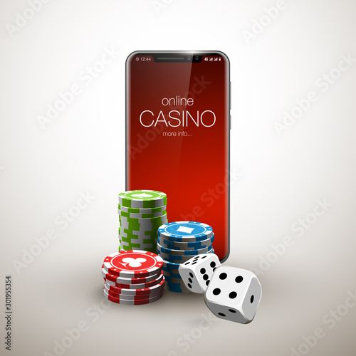 Vector illustration Online Poker casino banner with a mobile phone, chips, playing cards and dice. Marketing Luxury Banner Jackpot Online Casino with New model Smartphone. Empty advertising poster.