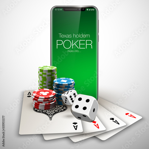 Vector illustration Online Poker casino banner with a mobile phone, chips, playing cards and dice. Marketing Luxury Banner Jackpot Online Casino with New model Smartphone. Empty advertising poster.