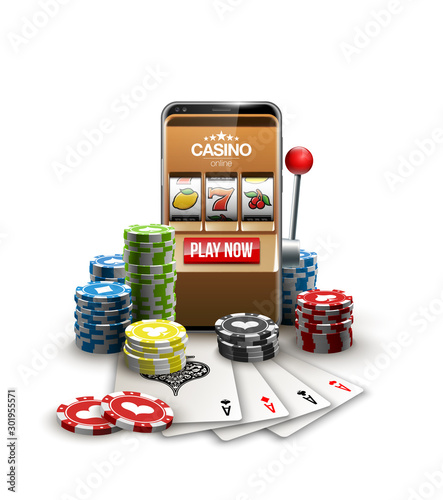 big win illustration Online Jackpot casino Slot machine banner in mobile phone. Chips, playing card, dice. Marketing Luxury Banner Jackpot Online Casino game Slot-machine in Smartphone play now poster