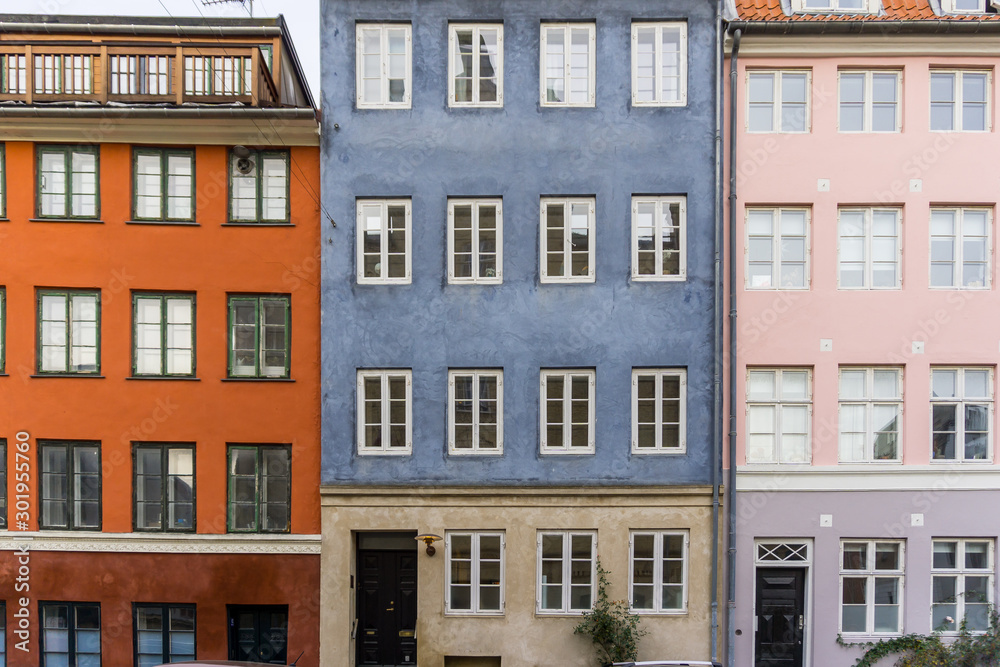 Copenhagen’s Old Houses in a row. Full frame shot.