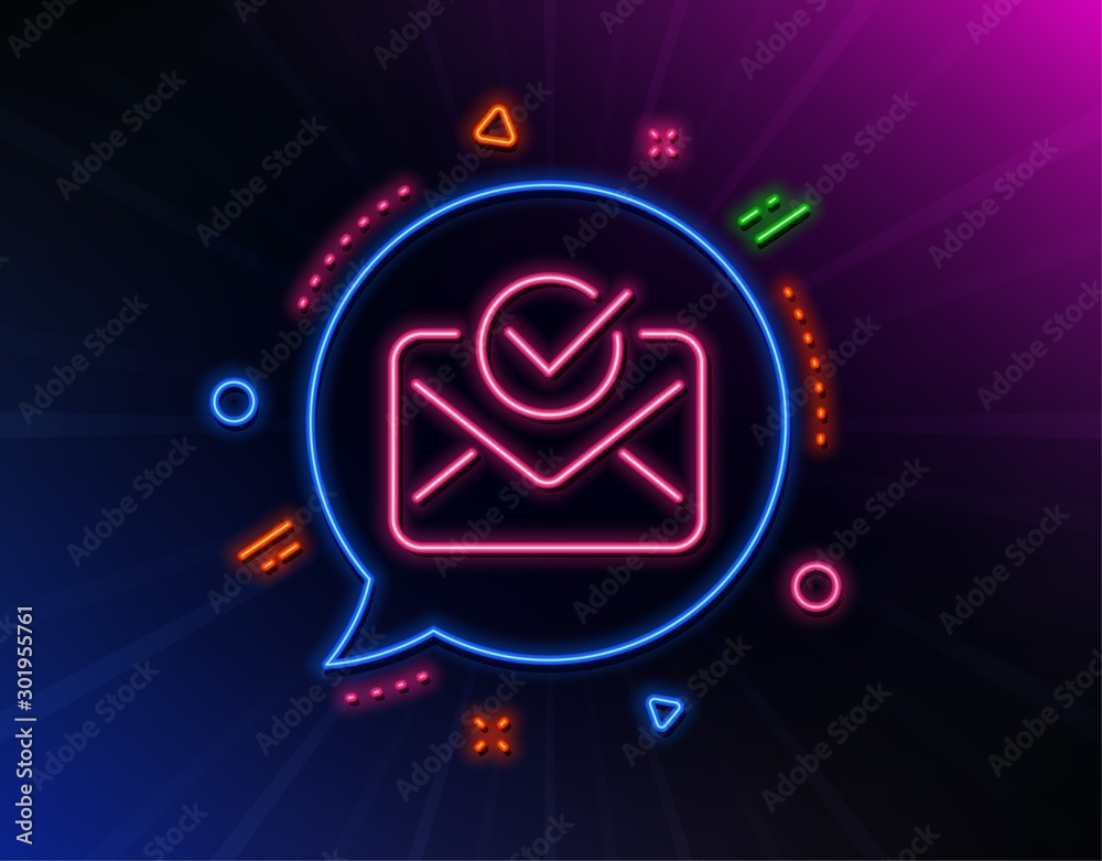 Approved mail line icon. Neon laser lights. Accepted or confirmed sign. Document symbol. Glow laser speech bubble. Neon lights chat bubble. Banner badge with approved mail icon. Vector Approved mail line icon. Neon laser lights. Accepted or confirmed sign. Document symbol. Glow laser speech bubble. Neon lights chat bubble. Banner badge with approved mail icon. Vector