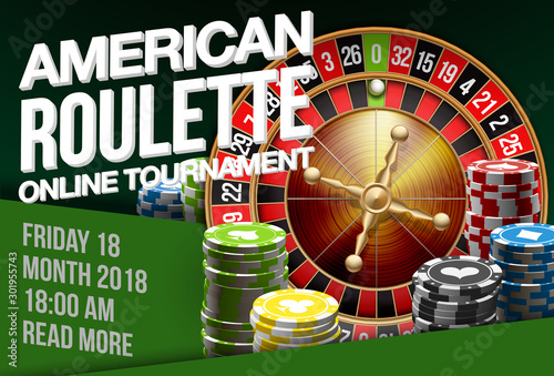 illustration Online Poker casino banner with american roulette on green surface table. Marketing Luxury Banner Jackpot Online Casino classic roulette. Advertising poster with green flat paper for text