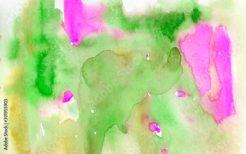 Abstract green background, hand-painted texture, watercolor painting, splashes, drops of paint, paint smears. Design for backgrounds, wallpapers, covers and packaging.