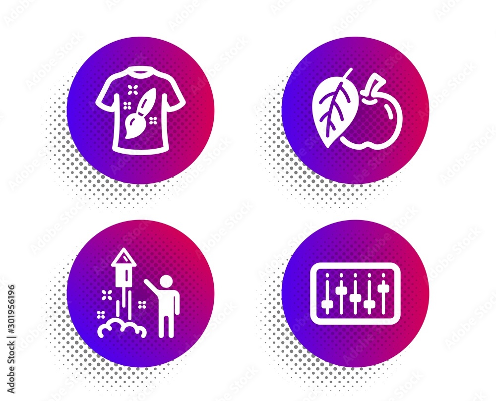 Fireworks, T-shirt design and Apple icons simple set. Halftone dots button. Dj controller sign. Party pyrotechnic, Painting, Fruit. Musical device. Business set. Classic flat fireworks icon. Vector Fireworks, T-shirt design and Apple icons simple set. Halftone dots button. Dj controller sign. Party pyrotechnic, Painting, Fruit. Musical device. Business set. Classic flat fireworks icon. Vector