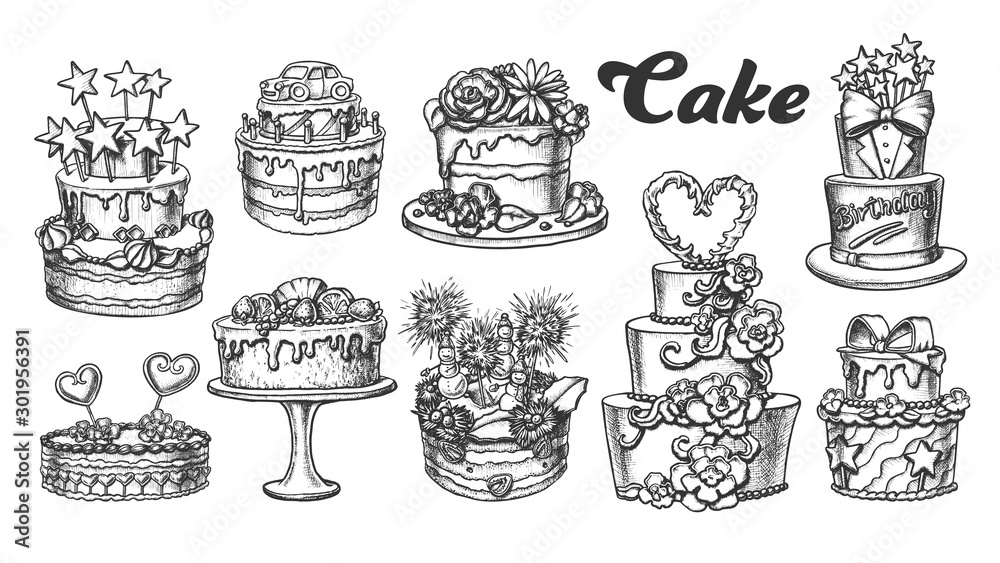 Cake Pie Delicious Collection Retro Set Vector. Birthday Anniversary, Valentine And Wedding Day Cake Engraving Concept Template Hand Drawn In Vintage Style Black And White Illustrations