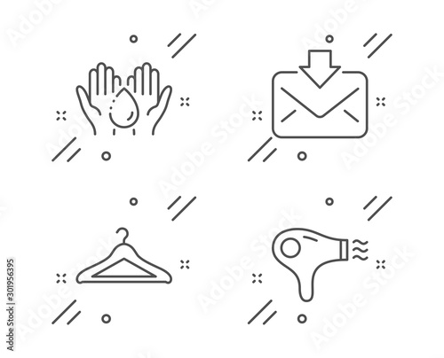 Cloakroom, Wash hands and Incoming mail line icons set. Hair dryer sign. Hanger wardrobe, Skin care, Download message. Hairdryer. Line cloakroom outline icon. Vector