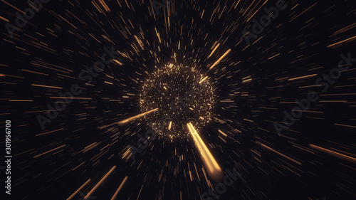 Particles explosion on black bacground, absract fireworks, 3D Rendering, 3D Illustration
