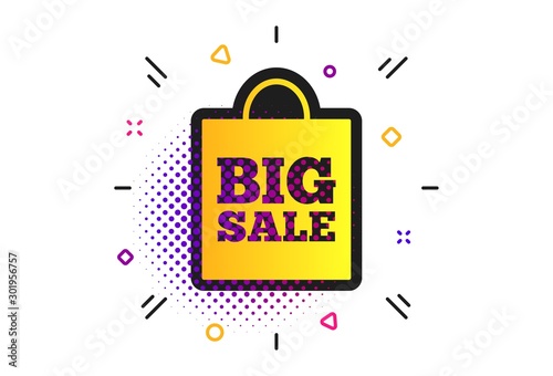 Big sale bag sign icon. Halftone dots pattern. Special offer symbol. Classic flat big sale icon. Vector