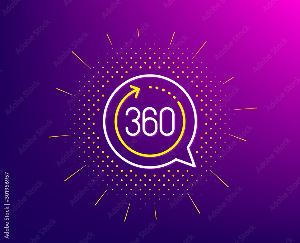 360 degrees line icon. Halftone pattern. VR simulation sign. Panoramic view symbol. Gradient background. 360 degrees line icon. Yellow halftone pattern. Vector 360 degrees line icon. Halftone pattern. VR simulation sign. Panoramic view symbol. Gradient background. 360 degrees line icon. Yellow halftone pattern. Vector