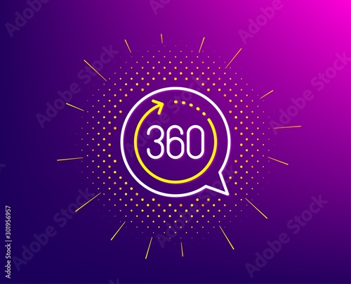 360 degrees line icon. Halftone pattern. VR simulation sign. Panoramic view symbol. Gradient background. 360 degrees line icon. Yellow halftone pattern. Vector