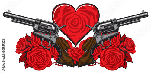Vector banner on the theme of love and death. Template for clothes, textiles, t-shirt design. Illustration with two big old revolvers, heart, red roses and barbed wire on white background