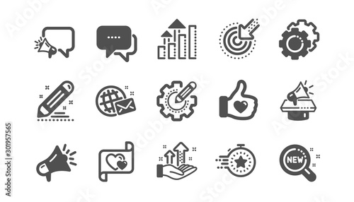Brand social project icons. Business strategy, Megaphone and Representative. Influence campaign, social media marketing, brand ambassador icons. Classic set. Quality set. Vector