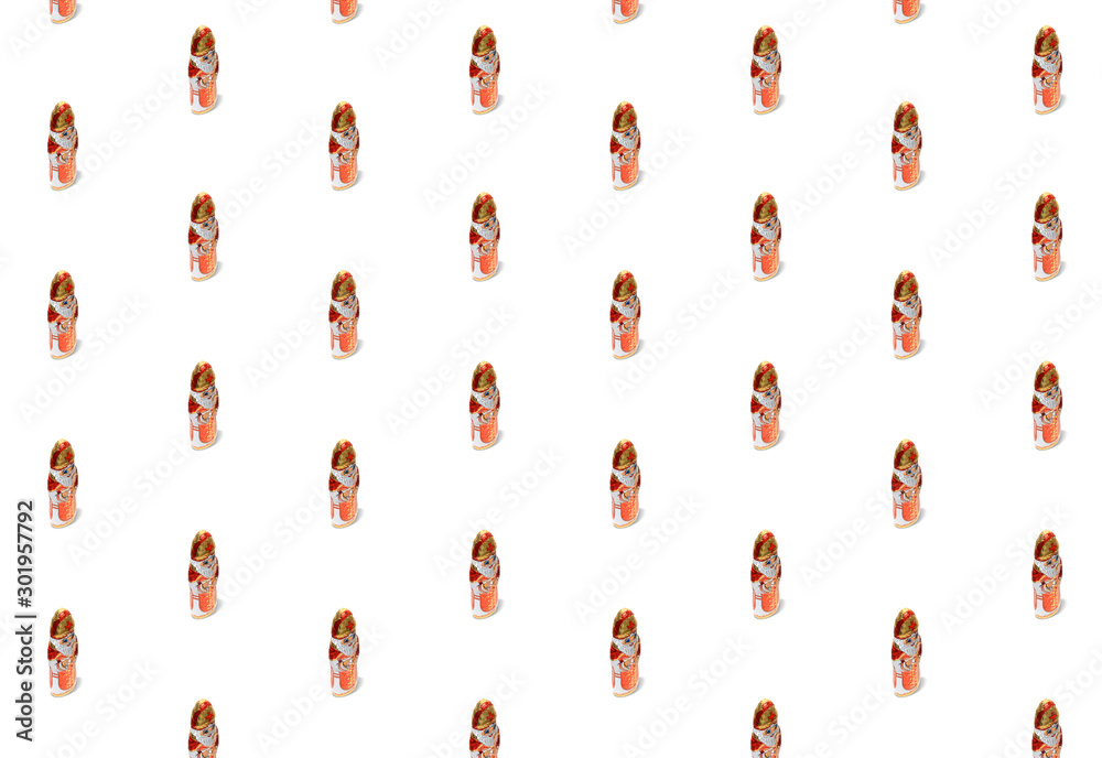 Sinterklaas / Santa Claus pattern, chocolate figurines. graphic Isometric perspective, pattern on a white isolated, background. Flat lay. cheerful, winter, postcard, wallpaper, wrapping paper. Trendy