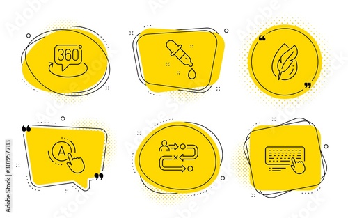 Ab testing, 360 degree and Computer keyboard signs. Chat bubbles. Journey path, Hypoallergenic tested and Chemistry pipette line icons set. Project process, Feather, Laboratory. A test. Vector