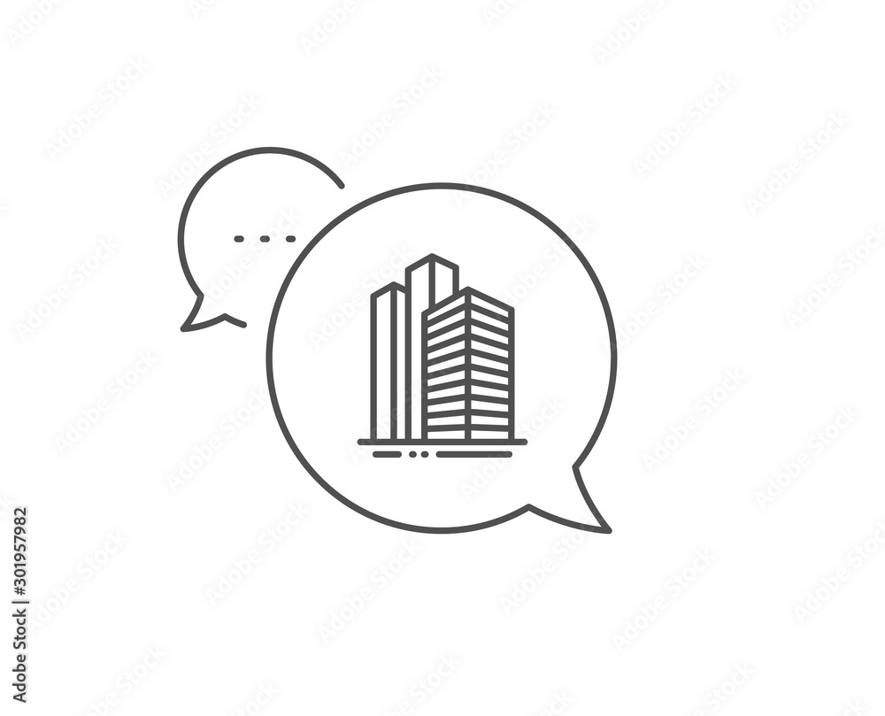 Skyscraper buildings line icon. Chat bubble design. City architecture sign. Town symbol. Outline concept. Thin line skyscraper buildings icon. Vector