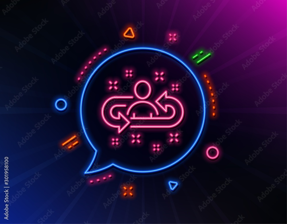 Recruitment line icon. Neon laser lights. Business management sign. Employee or human resources symbol. Glow laser speech bubble. Neon lights chat bubble. Banner badge with recruitment icon. Vector