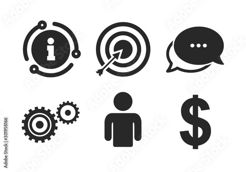 Human silhouette and aim targer with arrow signs. Chat, info sign. Business icons. Dollar currency and gear symbols. Classic style speech bubble icon. Vector