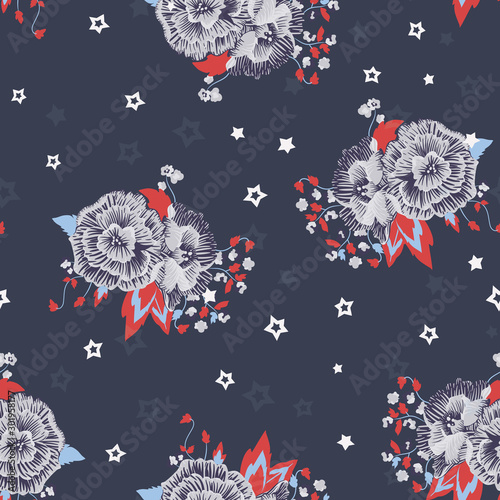 Vector Comics Roses with Stars on Navy Blue seamless pattern background.